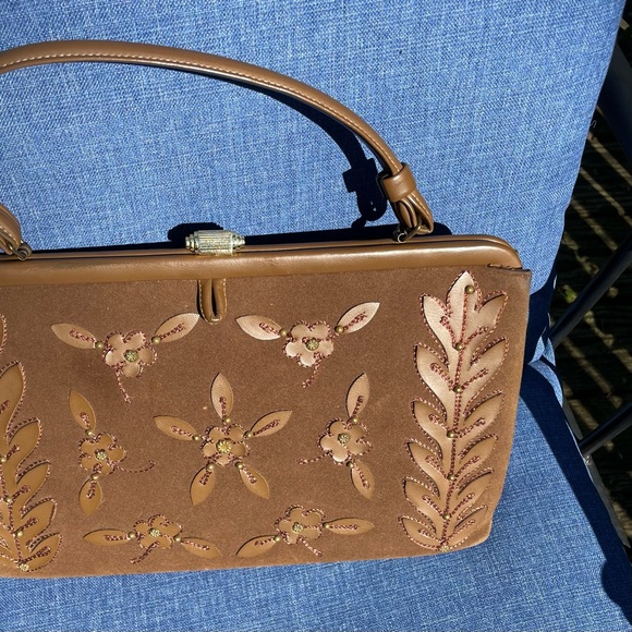 Vintage 60s 70s Brass Clasp Embellished Shoulder Bag Purse - Picture 6 of 15